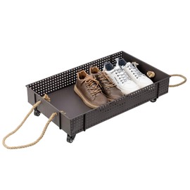 MyGift 26 Inch Industrial Brown Metal Entryway Boot Tray with Wheels and Decorative Rope Handles, Under Bed Storage Shoe Container Cart