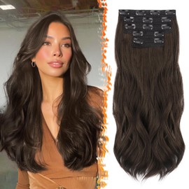 BARSDAR Dark Brown Clip in Hair Extensions - 20 Inch Loose Wavy Clip in Hair Extensions for Women, 5PCs Layered Extension Lace Weft Voluminous Easy Wear Soft Synthetic Dark Brown Hairpieces