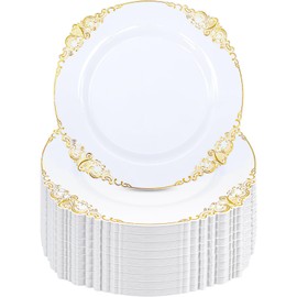 100 Set Plastic Party Plates Heavy Duty 7.5" Disposable Plate Bulk Elegant Fancy Small White Gold Rim Appetizer Dessert Plates Dinnerware for Birthday Wedding Family Gatherings Holiday Events