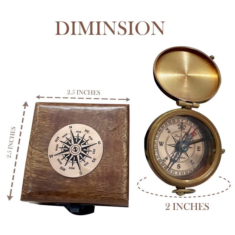 Antique Brass Compass Functional Direction Sailor Article Brown Wood Royal
