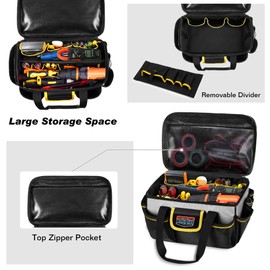 Rexmica Heavy-duty Small Tool Bag, 12-Inch Tool Storage Organizer for Men, Multi-functional Work Tote with Thick Padded Bottom and Shoulder Strap for Electrician, Repairman, Handyman, Gardener, Black
