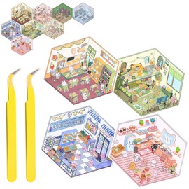 LunarCharm 4 Pieces 3D Sticker Scene Set with Tweezers, DIY 3D House Stickers, Sticker Scenes for Adults and Children, Gifts for Mini Room Sticker Book