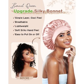 BONNET QUEEN Silk Bonnet for Sleeping Women Satin Bonnet Hair Wrap with Elastic Wide Band Sleep Cap for Curly Hair Anti Frizz Night Cap, Pink