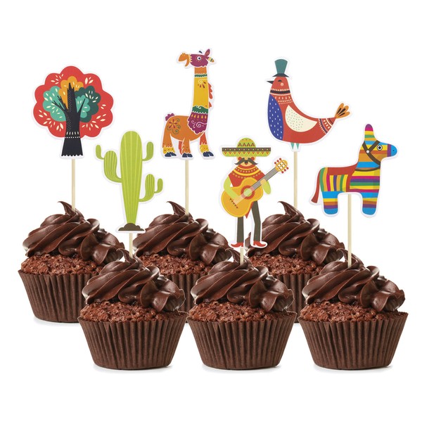 Paquete de 36 decoraciones mexicanas para cupcakes de fiesta mexicana, cactus, burro, maraca, sombrero, guitarra, cupcakes, púas temáticas mexicanas, decoración de pasteles para baby shower, fiesta de cumpleaños