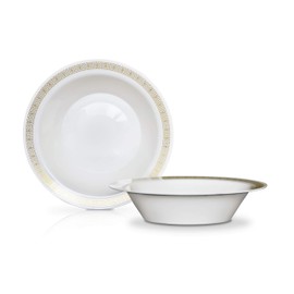 " OCCASIONS " 40 Piece Plates Pack, Heavyweight Disposable Wedding Party Plastic Bowls (14 oz Soup Bowl, Lace White & Gold)