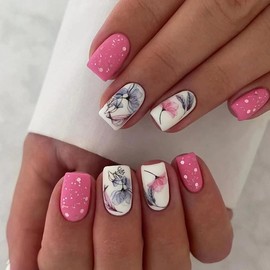 AkiliBIELY Square Press on Nails Short Medium Black Pink White Floral Fantasy Fake Nails Women Glue on Nails Acrylic Gel Stick on Nails Cute Classy Aesthetic False Nails Wedding Birthday