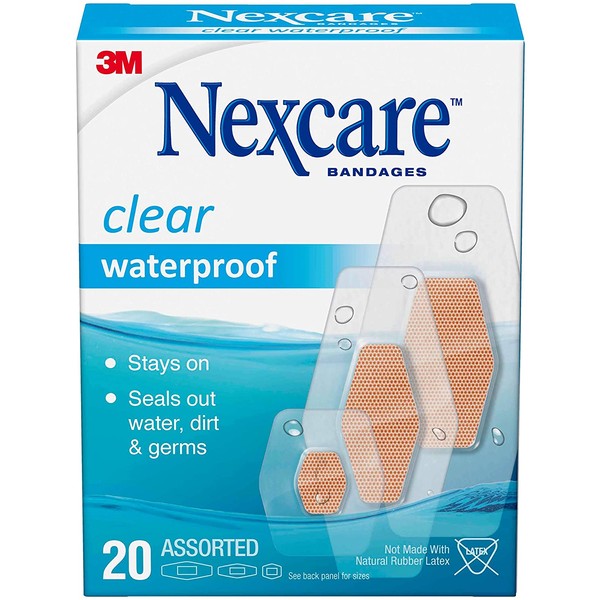 Nexcare Waterproof Clear Bandages, Germproof, Assorted Sizes, 20 Count (Pack of 4)