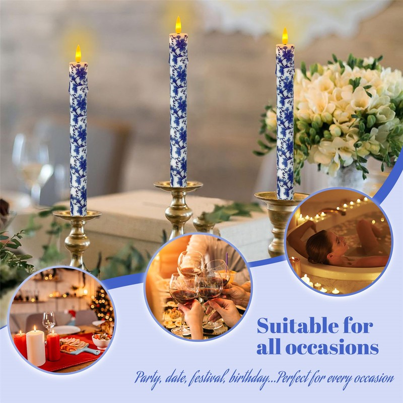 Chinoiserie LED Candles Remote Candlesticks-10inches Blue and White Battery Operated