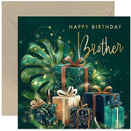 Dark Green and Gold Happy Birthday Cards for Brother - Stylish Tropical Birthday Gifts for Men - Celebrate an 18th 21st 30th 40th 50th Birthday Present - Blank Inside with Envelope