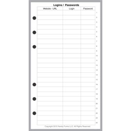 Personal Size Login Password List, Sized and Punched for Filofax Personal Notebook (3.7" x 6.75")