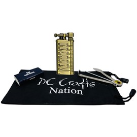 DC Crafts Pipe Bag with IM Corona Old Boy Pipe Lighter - Includes Czech Pipe Tool, & 5 Pack of IM Corona Flints - (Antique Brass Classic Pipe Shapes)