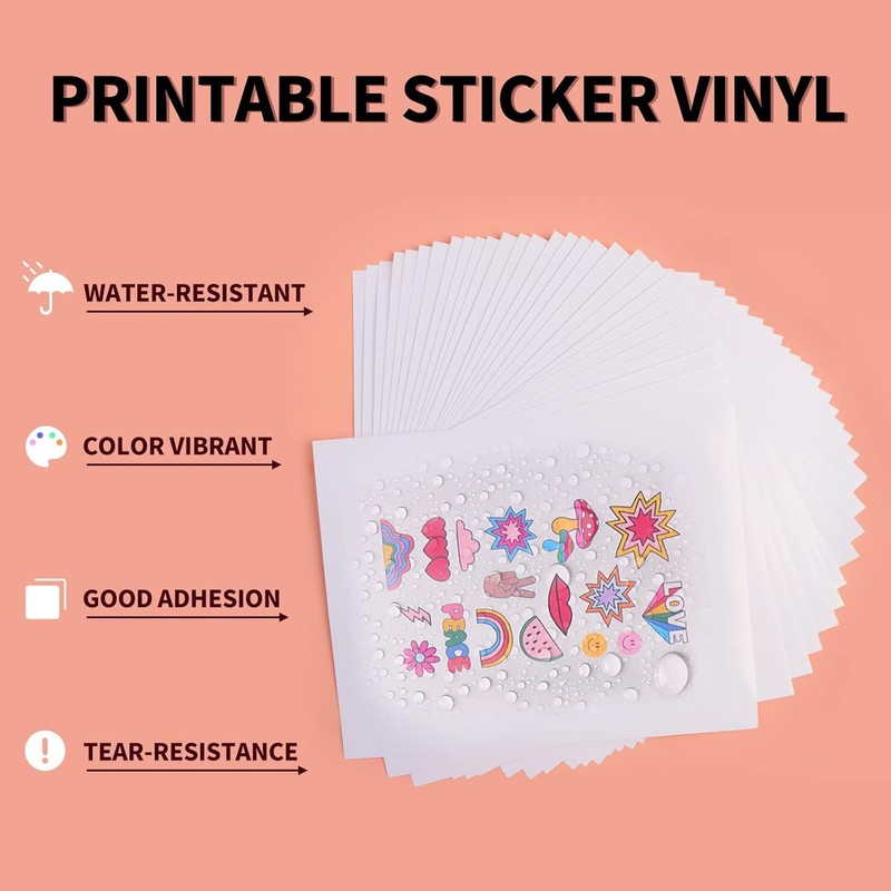 HTVRONT Glossy Printable Vinyl Sticker Paper 55 Pack 8.5" x