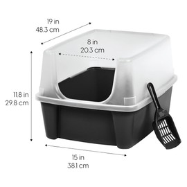 IRIS USA Large Cat Litter Box with Scatter Shield and Scoop, Open Top High Sided Cat Litter Pan, Black