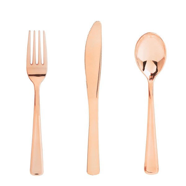 WELLIFE 300PCS Rose Gold Plastic Silverware - Rose Gold Plastic Cutlery Set Disposable Flatware Dinnerware, includes：100 Forks, 100 Spoons, 100 Forks, Perfect for Weddings