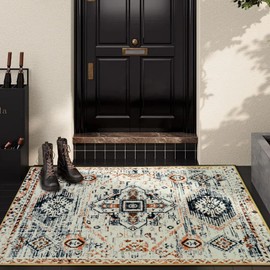 Soft Washable Area Rug 2x3 Entry Rug Small Door Mat Vintage Entryway Rug, Ultra-Thin Non-Slip Low Pile Floral Carpe for Indoor Front Entrance Bedroom Kitchen Bathroom Laundry Room Grey