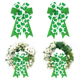 ALIBBON 2Pcs St. Patrick's Day Bows for Wreaths, St Patrick's Wreath Bows, Glitter Green Bows for Crafts, Irish St. Patrick's Day Decor, Green Shamrock Bows for Parades Party Supplies Decorations