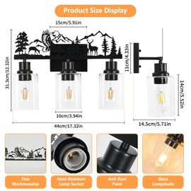 MLGB Rustic Farmhouse Bathroom Vanity Light, 3-Light Deer & Forest Wall Sconce Over Mirror, Black Metal Fixture with Clear Glass Shades for Bathroom, Cabin or Entryway