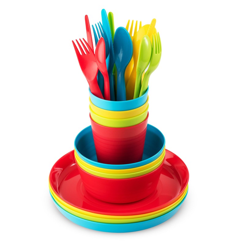 Plaskidy Kids Dinnerware Set for 4-24 Piece Plastic Childrens Dishes