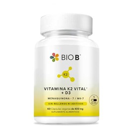 BIO B | Vitamina K2 Vital® (MK-7) + D3 con Calcio y Prebióticos | Apoyo Óseo y Cardiovascular Diario | 60 Cápsulas Veganas