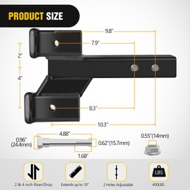 Nilight Trailer Dual Hitch Extender for 2 Inch Receiver with 2" 4" Rise or Drop with Bolt Nut Clip 10,000 lbs Capacity Adjustable Extend 8" 10" Length Matte Black Powder Coated