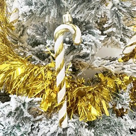 6 PCS 13cm Glitter Candy Cane Christmas Tree Decorations, Christmas Candy Cane Ornaments, Glitter Twisted Plastic Candy Cane Christmas Tree Hanging Ornaments, Gold + White