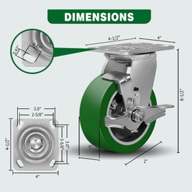 CWfutureparts 5"X2" Caster Wheels, Heavy Duty Casters Wheels with Brake, Aluminum Core Thickened Polyurethane Industrial Casters for Toolbox Workbench, 1000 Lbs Capacity Per Caster (1 Pack)