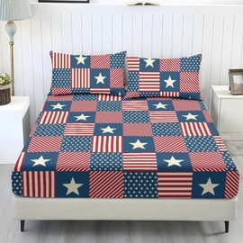 Wanyint Queen Sheet Set Breathable Soft Bedding Sheet Set 3 Pieces Deep Pocket Holiday Bedding Set with All Around Elastic for a Snug Fit for 4th of July Decor, American Flag Patchwork