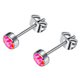 FACOKO Earrings for Women Titanium Opal Stud Non-Nickel Earring Hypoallergenic Earrings 3mm 4mm 5mm 7mm Round Birthstone Earring Studs for Sensitive Ears (Hot Pink, 3MM)
