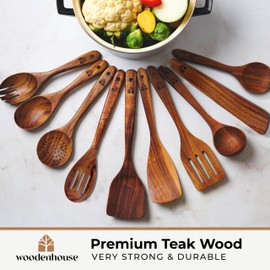 Wooden Spoons for Cooking – Wooden Cooking Utensils Set with Holder, Spoon Rest & Hooks, Teak Wood Nonstick Kitchen Cookware – Durable Set of 12pcs by Woodenhouse - Unique Kitchen Gifts for Women Men