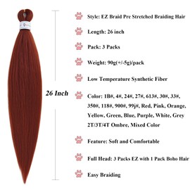 Ai Yuchen 350 Ginger Braiding Hair Pre Stretched Wavy Crochet Braids Boho Hair for Braiding Bohemian Hypoallergenic Knotless Curly Deep Ocean Wave Boho Braids Extensions 26 inch 4 Packs