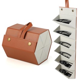 Sunglasses Storage Box - Sunglasses Storage Box - Hanging Glasses Organiser - Foldable 6-Compartment Glasses Storage Box - Made of PU Leather - Ideal for Travel for Storing 6 Glasses