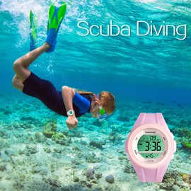 10 ATM Waterproof Girls' Watch for Diving Swimming with Functions of Stopwatch, Chronograph and Alarm Clock, Double Time Zone Display, 12/24 Hours Format Selectable, New Pink, Band, pink, Ribbon