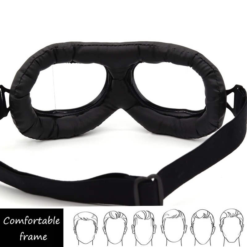 kucehiup Vintage Aviator Goggles Motorcycle Goggles (Black frame clear lenses)