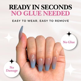 Votrenaeil Press On Nails - Moon Fade | No Glue Long Coffin Nails, Grey Ombre Glossy Fake Nails - 24 Pcs Nail Kit with Adhesive Tabs