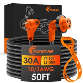 Ficstar 30 Amp RV Extension Cord,50 ft,Heavy Duty Generator Extension Cord with LED Power Indicator,30 AMP Female 90° Twist Lock Adapter with Reverse Polarity Lamp,NEMA TT-30P to L5-30R,120V/125V