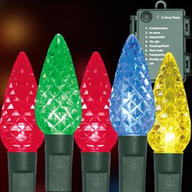 TWINGLEHOME 50LED C6 Lights,Green Wire,Waterproof Battery Case,Multi Functions,Timer,Multi