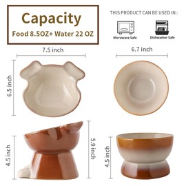 Nihow Dog Food & Water Bowl Set: Elevated Ceramic Dog Bowls for Medium/Small Size Dog - Food Safe Raised Puppy Bowls - Brown Pet Bowl for Protecting Pet's Spine (Set of 2)