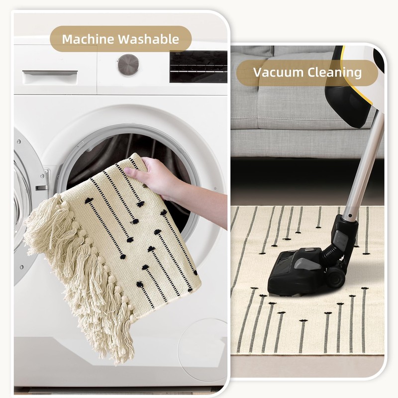 Tritard - Alfombra de algodón lavable con borlas, color beige