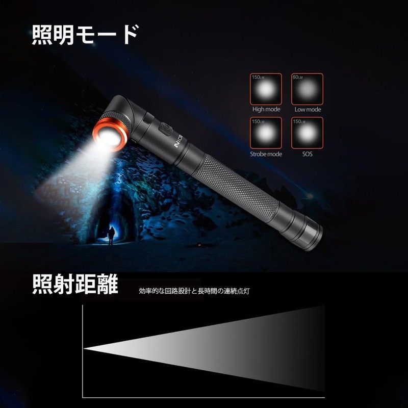 NICRON B73R Nicklon LED Handy Light, Hand Light, L-Shaped, Slim,