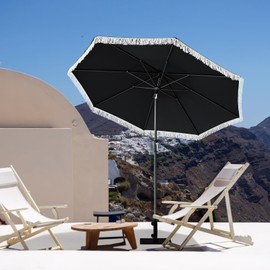 Tempera 9ft Auto Tilt Patio Umbrellas with Fringe, Outdoor Market Umbrellas with Fade Resistant Canopy, 8 Sturdy Rids, Luxurious Vintage Umbrellas for Lawn, Pool, Deck, Balcony