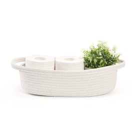 Small Toilet Paper Basket Woven Rope Toilet Tank Tray Back of Washroom Basket Organizer for Bathroom,Shelf Bedroom, Living Room, Nursery, RV. 12.6"L x 6"W,White