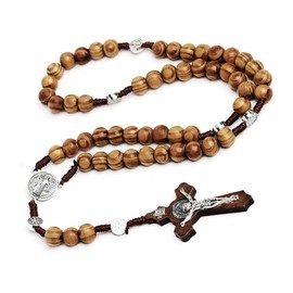 Siganorpy Wood Rosary Necklace Wooden Smooth Beads Catholic Cross Necklace Religious Jewelry Catholic Jesus Cross Pendant Necklace for Men (Brown)