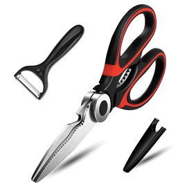 KISUOMAOYI Heavy Duty Kitchen Scissors, Sharp Multipurpose Utility Stainless Steel Scissor, Kitchen Shears for Chicken, Meat, Vegetables, Herbs, BBQ,Bottle Opener,Paired with a Black Peeler（Red）