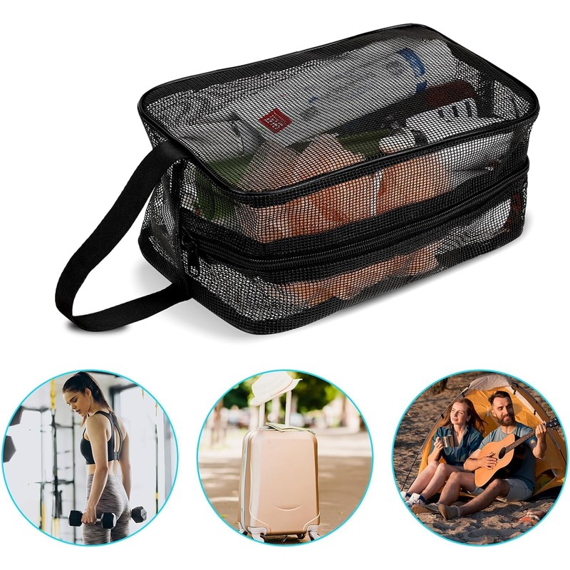 1PC Black Mesh Shower Caddy Toiletry Bag, Dorm Room Portable