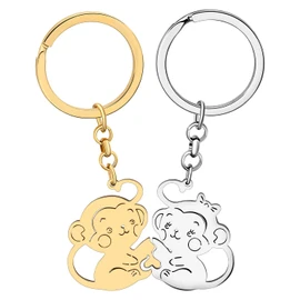 WEVENI Cute Monkey Gifts Stainless Steel Couple Monkeys Keychain Ring Ape Orangutan Gorilla Accessories for Women Girls, Couple Monkeys Gold + Silver, 44mm x 53mm