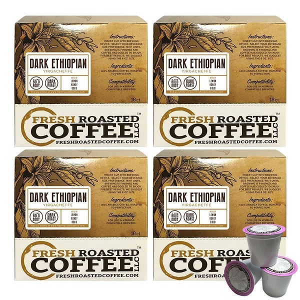 Fresh Roasted Coffee LLC, Dark Ethiopian Yirgacheffe Kochere Coffee Pods, Dark Roast, 72 Count