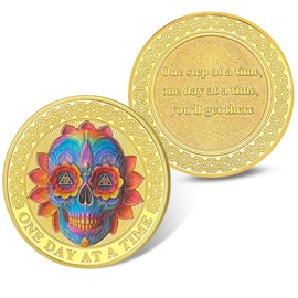 Affirmation AA Sobriety Coin - Colorful Skull Flower One Day at a Time Recovery Chip Medallion with Inspirational Message - Sobriety Gift for Sober Anniversary - AA Token Gift for Men & Women