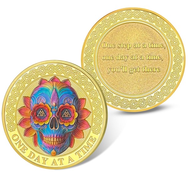 Affirmation AA Sobriety Coin - Colorful Skull Flower One Day