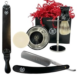 Men Straight Razor Gift Set Classic Gift 5/8" Carbon Steel, hollow ground blade with leather honing strop whet and Drip Stand Gold (black)