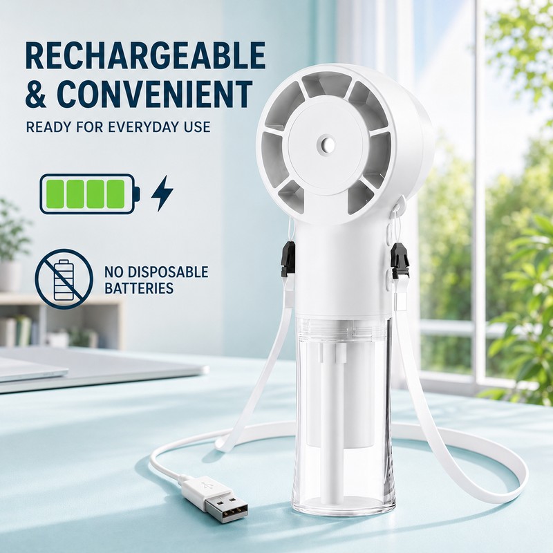 Rechargeable Portable Misting Fan – 3-in-1 Handheld, Neck-Hanging & Desktop